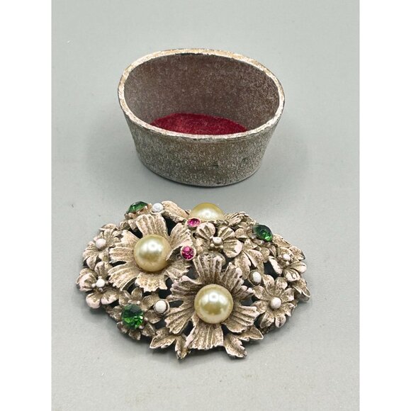 Vintage Florenza Small Enameled Trinket Box Basket of Flowers Rhinestones Pearls - Picture 7 of 14